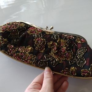 Burgundy Black Beaded flower pattern Evening Purse Clutch Vintage Antique